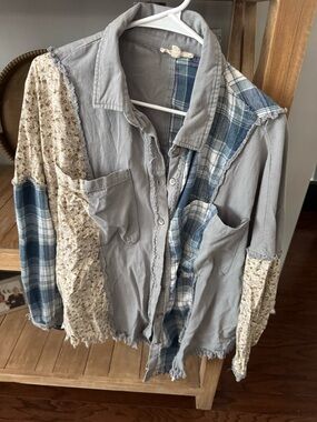 Blue Velvet brand Patchwork Button-Up Shirt Jacket in Light Gray and Blue.